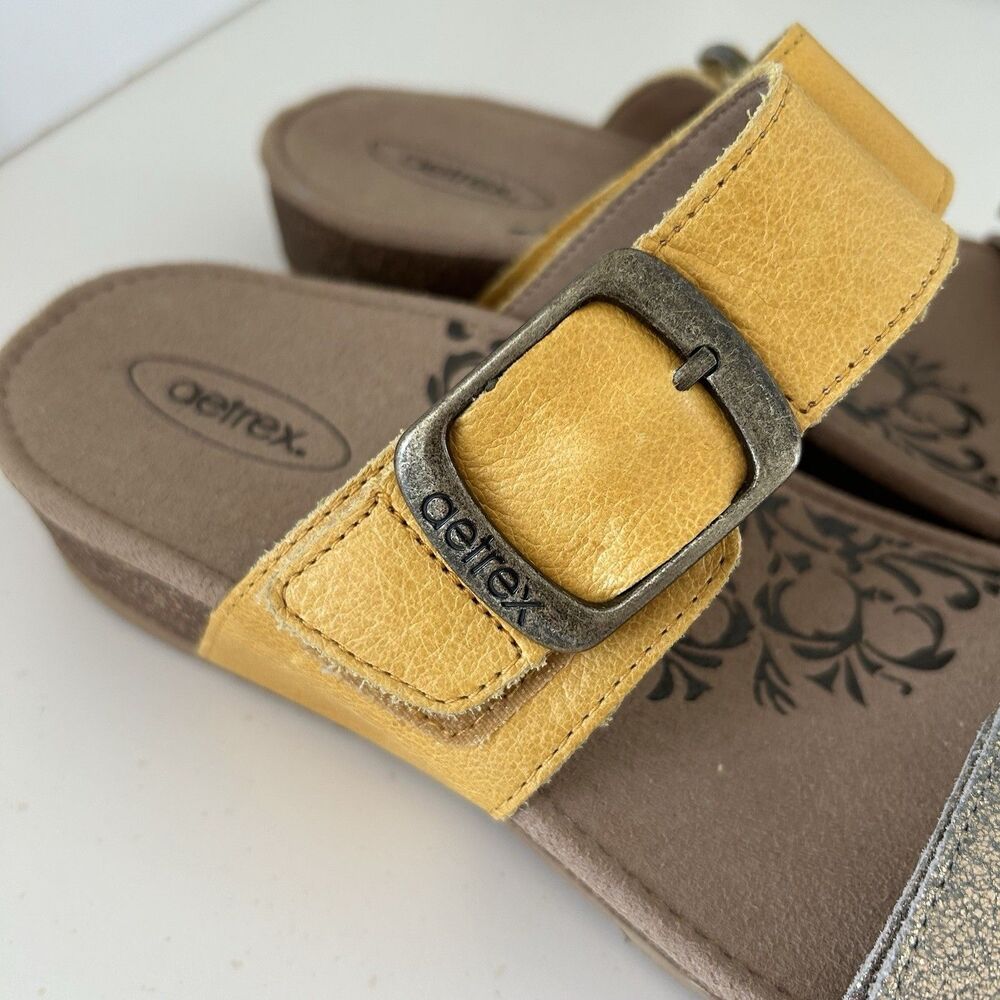 Aetrex Daisy Sandals Women Sz 8.5 Yellow Gold Leather Comfort Arch Slide Slip On - Picture 5 of 11